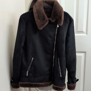 Hollister Black and Brown Military Field Jacket with Shearling